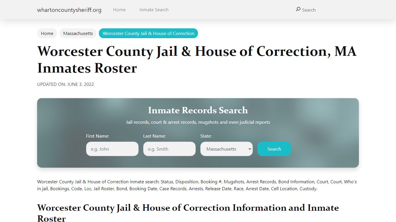 Worcester County Jail & House of Correction, MA Jail ...
