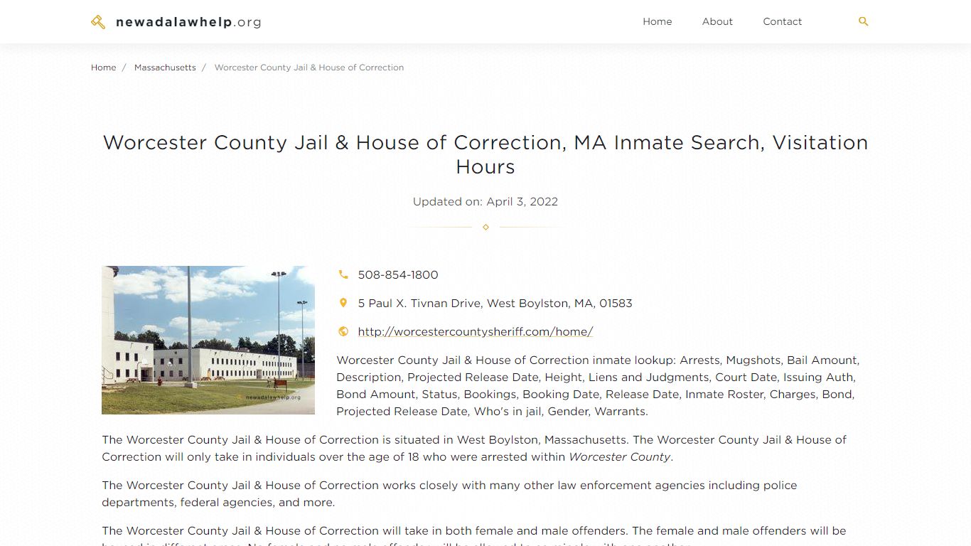 Worcester County Jail & House of Correction, MA Inmate ...